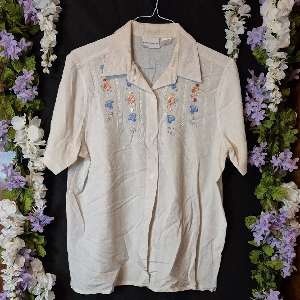 Alfred Dunner Cream Short-Sleeve Button-Up Shirt with Blue & Coral Embroidery